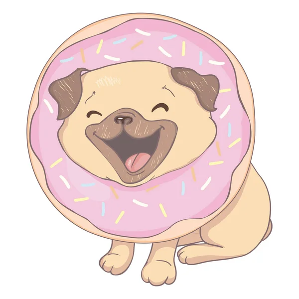 Pug Filhote Cachorro Com Donut Rosa Cartaz Humor Composição Shirt —  Vetores de Stock