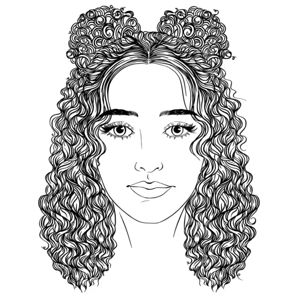 Illustration Girl Long Curly Hair Eyes Eyebrows Eyelashes Realistic Makeup — Stockový vektor