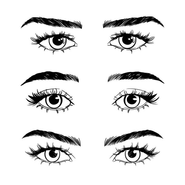 Female woman eyes and brows image collection set. Fashion moda girl eyes design.