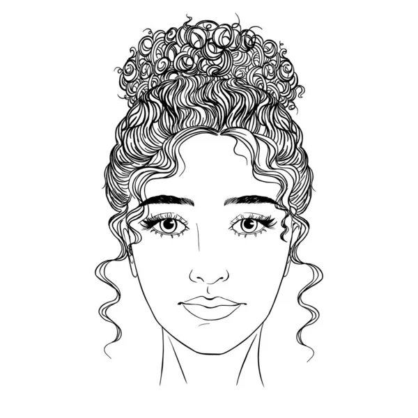 Illustration Girl Long Curly Hair Eyes Eyebrows Eyelashes Realistic Makeup — Stockový vektor