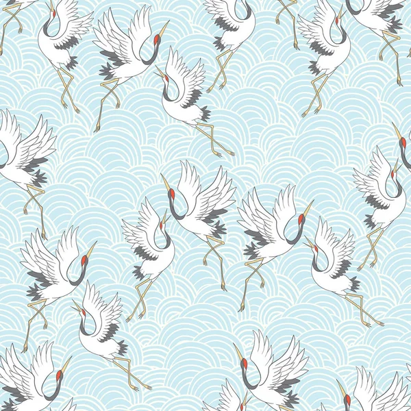 Decorative Kimono Floral Motif Background Pattern Crane Flowers Vector Illustration — Stock Vector