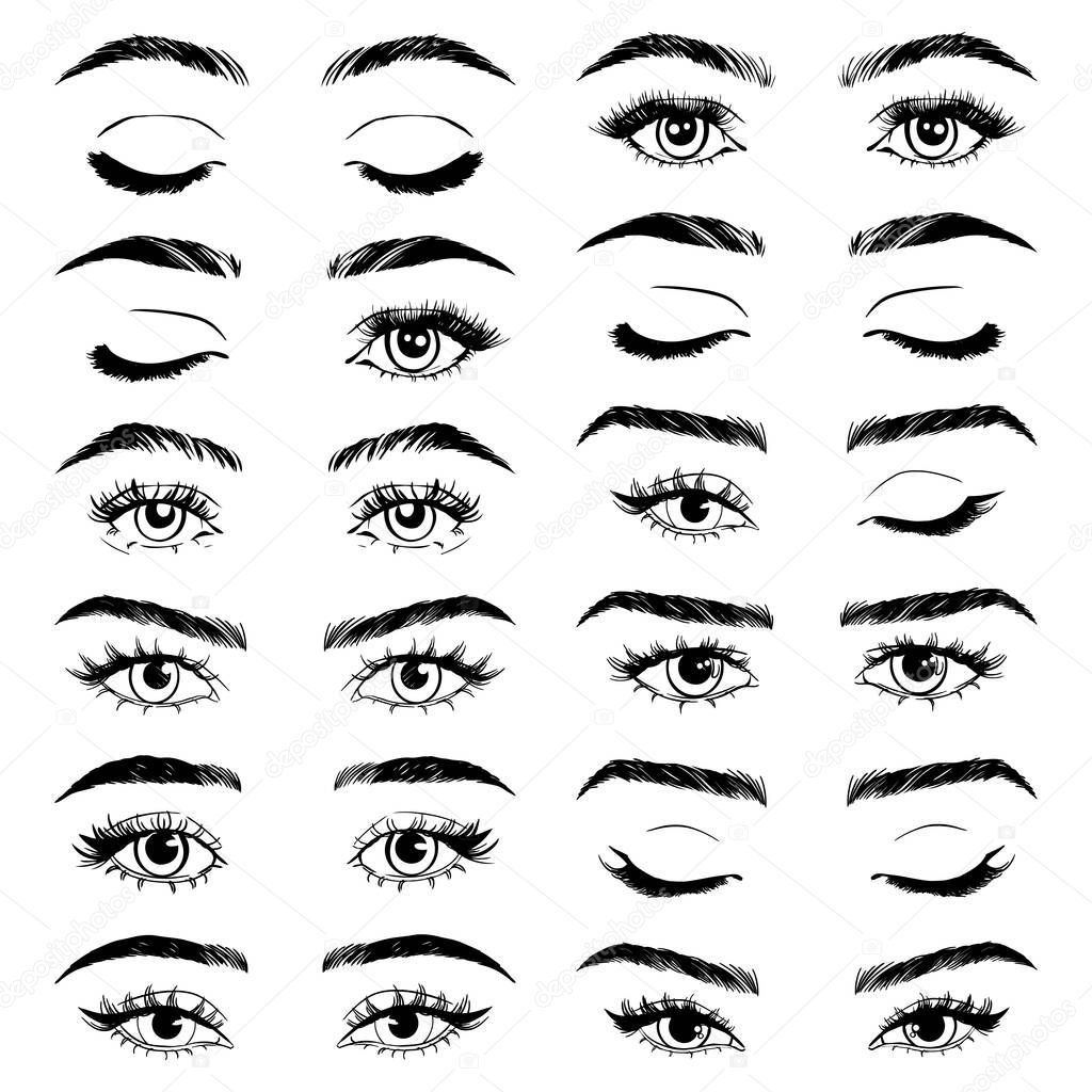 Illustration with woman's eyes, eyelashes and eyebrows. Makeup Look. Tattoo design. Logo for brow bar or lash salon.