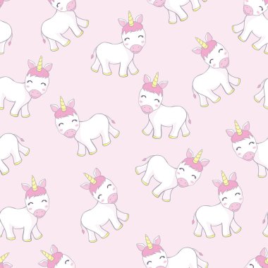 Tek boynuzlu atlar, gökkuşakları, bulutlar, tarafsız bir arkaplanda dekor unsurları olan kusursuz bir desen. Çocuklar için renkli düz vektör tarzı. Hayvanlar. El çizimi. bebek tasarımı kumaş, baskı, ambalaj