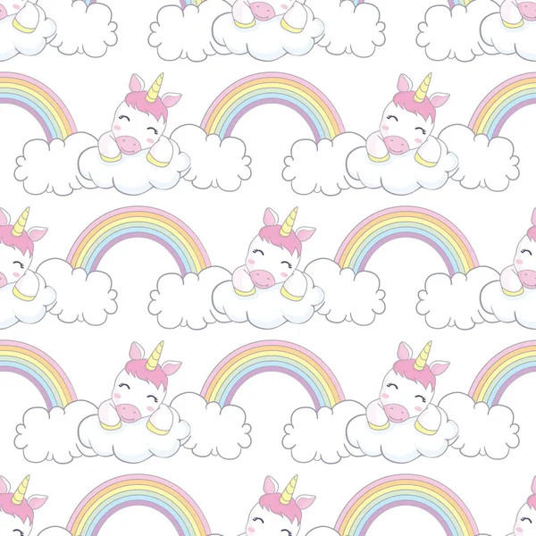 Seamless Pattern Cartoon Unicorns Rainbows Clouds Decor Elements Neutral Background — Stock vektor