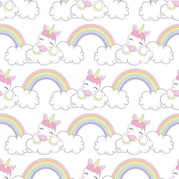 Tek boynuzlu atlar, gökkuşakları, bulutlar, tarafsız bir arkaplanda dekor unsurları olan kusursuz bir desen. Çocuklar için renkli düz vektör tarzı. Hayvanlar. El çizimi. bebek tasarımı kumaş, baskı, ambalaj