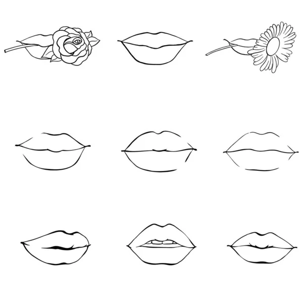 Набір Ескізів Векторні Ілюстрації Рот Зубами Жіночі Губи Ізольовані Білому — стоковий вектор