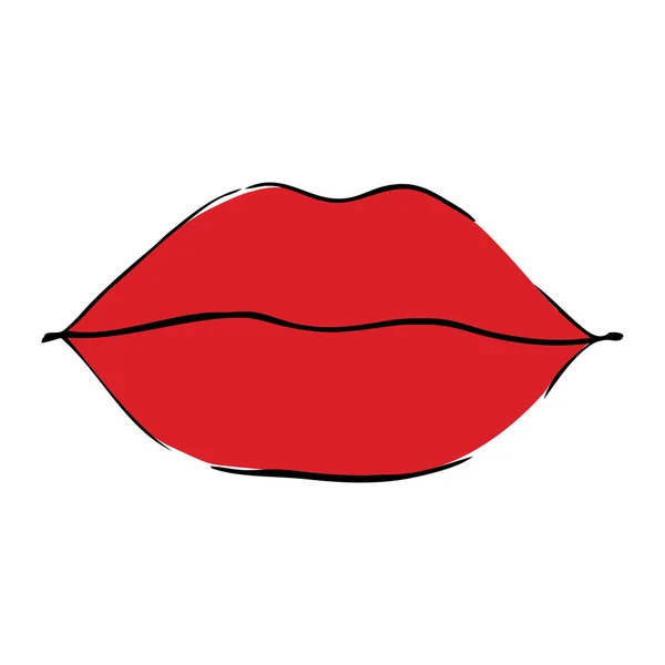 Cartoon Red Glossy Female Lips Lip Line Drawing Woman Gloss — Vetor de Stock