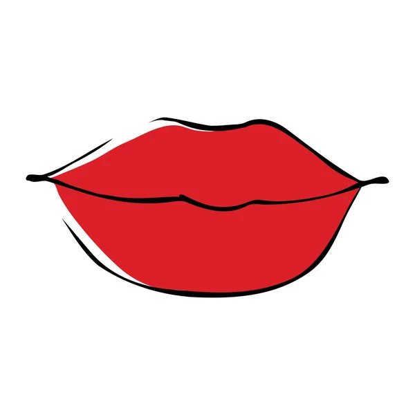 Cartoon Red Glossy Female Lips Lip Line Drawing Woman Gloss — Vetor de Stock