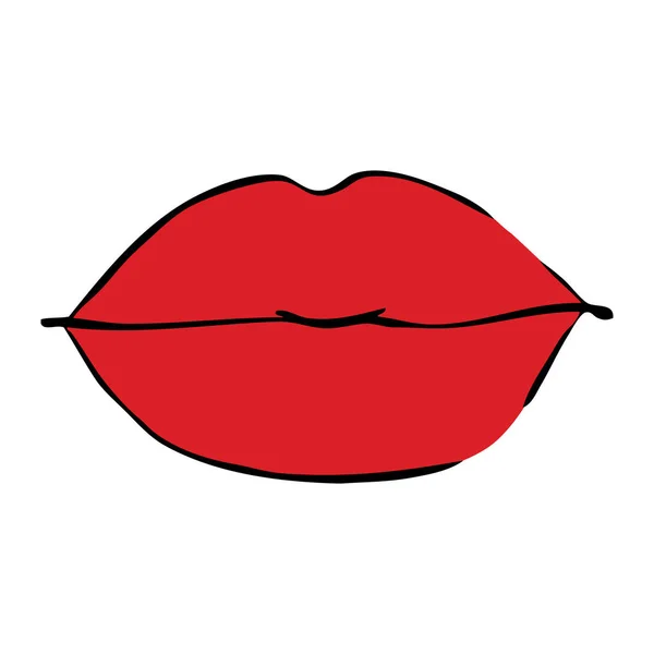 Cartoon Red Glossy Female Lips Lip Line Drawing Woman Gloss — Vetor de Stock