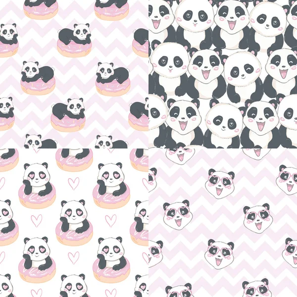 Set Greeting Card Seamless Pattern Hand Drawn Cute Pandas Hearts — Stockvector