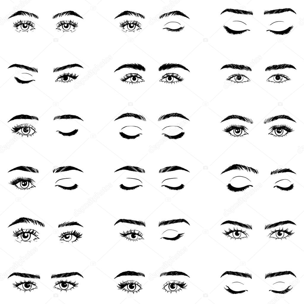 Illustration with woman's eyes, eyelashes and eyebrows. Makeup Look. Tattoo design. Logo for brow bar or lash salon.