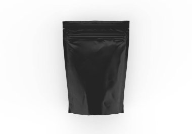 Kara folyo yiyecek. Ayağa kalk. Poşet, fermuar torbası. İzole edilmiş beyaz arka planda, tasarım sunumuna hazır.