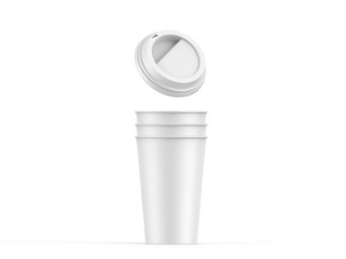 Plastik kapaklı tek kullanımlık beyaz kahve fincanı, izole edilmiş beyaz arka planda kağıt bardak modeli, 3 boyutlu illüstrasyon