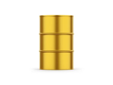 Metallic oil barrel mockup, gold metal oil drum on isolated white background, 3d render illustration
