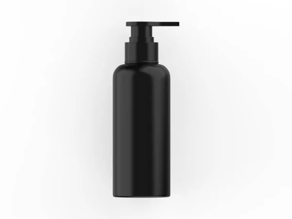 黑色塑料瓶 装有品牌喷雾器 化妆品瓶 带有独立白色背景的泵模型 3D演示 — 图库照片