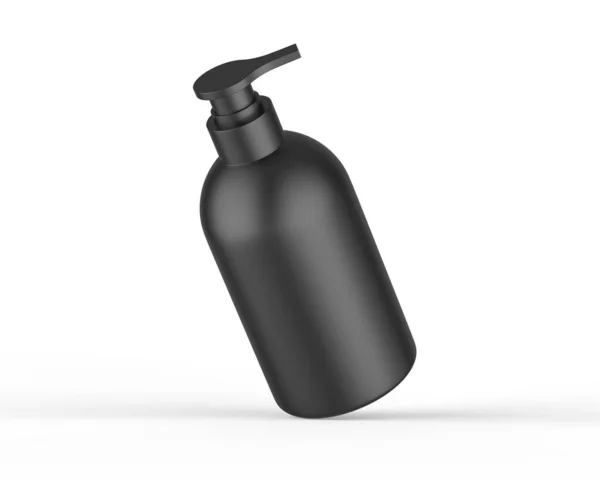 ブランドのためのポンプディスペンサー付きブラックプラスチックボトル 隔離された白い背景にポンプモックアップ付き化粧品ボトル 3Dレンダリングイラスト — ストック写真