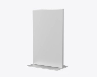 Metalik masa konuşmacısı, tanıtım amaçlı dik menü tablosu tabela tutucu, masa menü kartı stand çerçeve modeli ve şablon tasarımı. 3d resimleme.