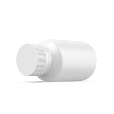 Boş beyaz hap kavanozu model şablonu, kapsüller için mat ilaç şişesi ve izole beyaz arka planda haplar, 3D illüstrasyon