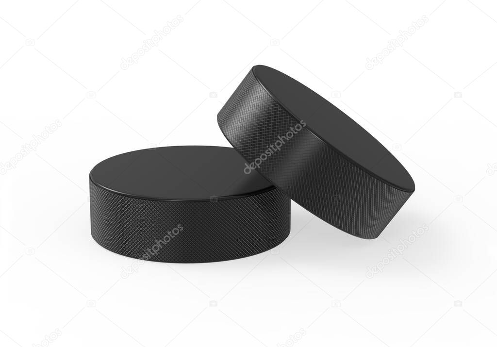 Black hockey puck mock up template for branding and promotion, 3d render illustration.