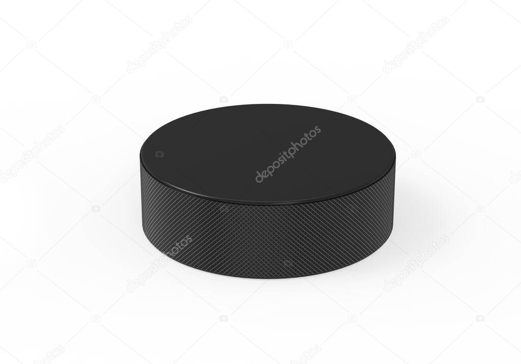 Black hockey puck mock up template for branding and promotion, 3d render illustration.