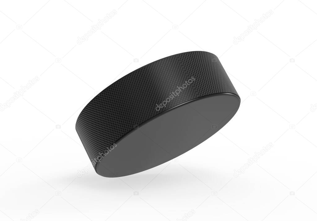 Black hockey puck mock up template for branding and promotion, 3d render illustration.