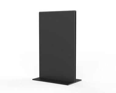Plastik ve akrilik masa konuşmacısı, tanıtım amaçlı dik menü tabelaları tabela tutucu, tablo menü kartı stand resim çerçevesi maket ve şablon tasarımı için. 3d resimleme.