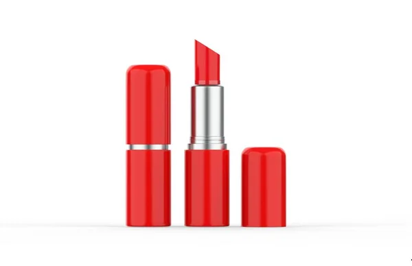 Glossy Red Velvet Lipstick Tube Mockup Branding Blank Opened Closed — Stok fotoğraf