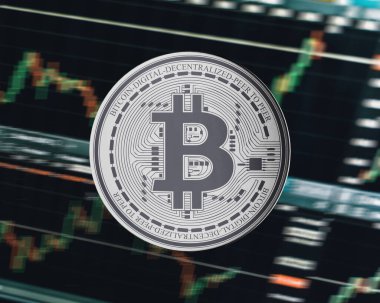 Bitcoin gümüş para ve çözülmüş grafik arka planı. Sanal kripto para birimi konsepti, 3 boyutlu resimleme.