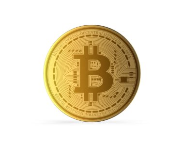 Bitcoin simgesi ödeme sembolü. İzole edilmiş beyaz arkaplan üzerindeki kripto para birimi logosu, 3 boyutlu resimleme.