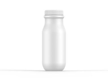 Süt ürünleri için vida kapaklı beyaz mat plastik şişe süt, yoğurt, krema, tatlı. Markalaşma için plastik şişe modeli, 3 boyutlu resimleme