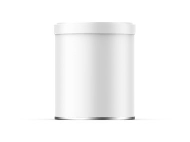 Beyaz boş metalik teneke, izole edilmiş beyaz arkaplan, 3D çizim resimleme üzerinde taklit edebilir