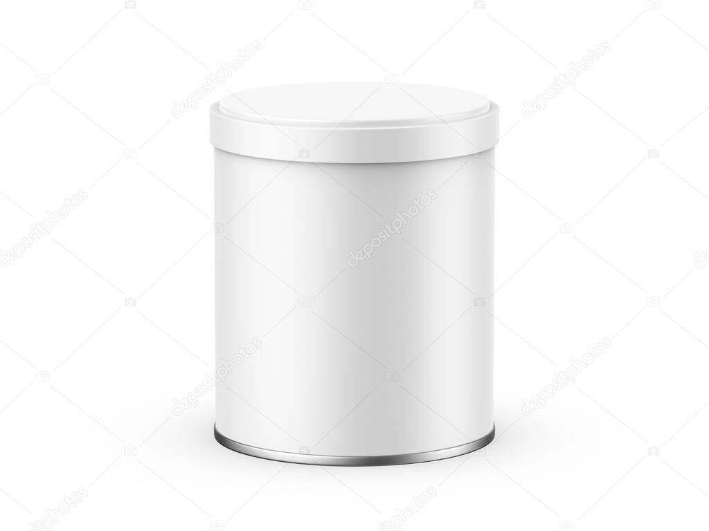 White blank metallic tin can mock up on isolated white background, 3d render illustration
