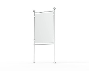 Metalik açık hava reklam standı maketi, parlak sokak tabelaları izole edilmiş beyaz arka plan şablonu, 3 boyutlu illüstrasyon