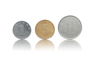 Çin Yuanı sikkeler üzerinde beyaz reflecit ile izole arka yüzüne ayarla