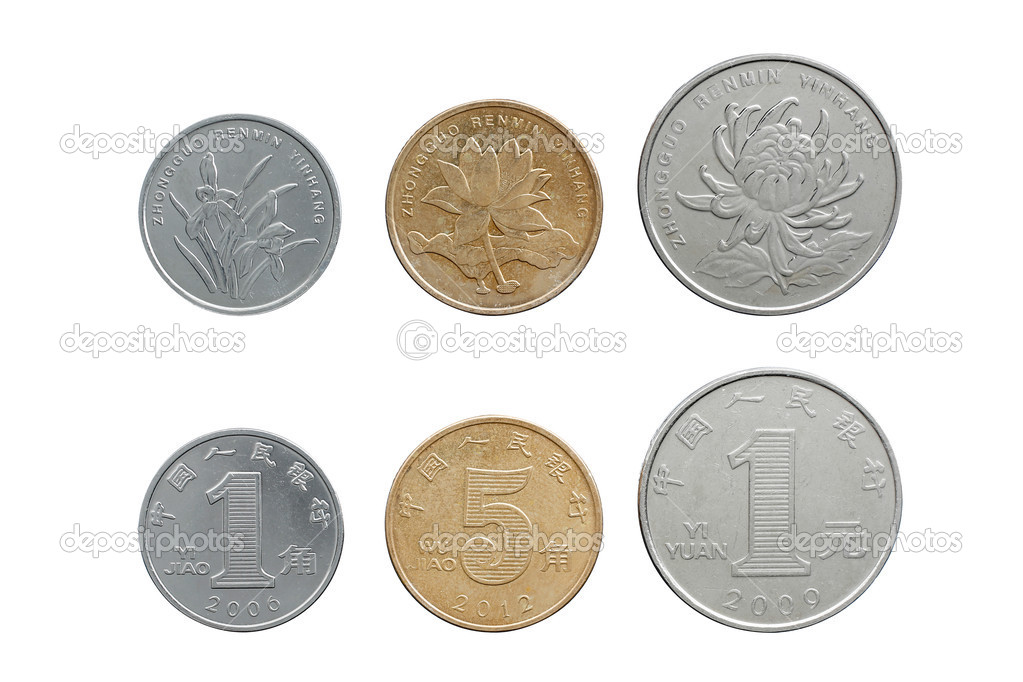 Chinese Yuan coins set on both side isolated on white