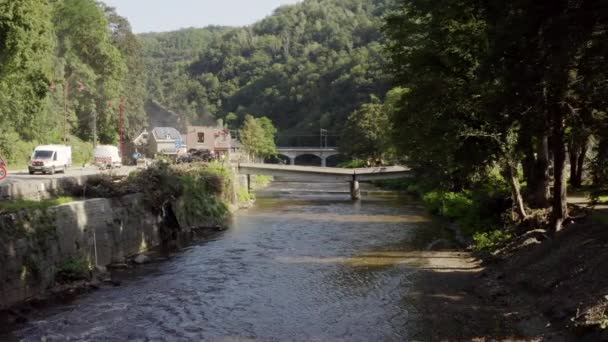 Bro Och Hus Förstörda Översvämning Trooz Liege Belgien — Stockvideo