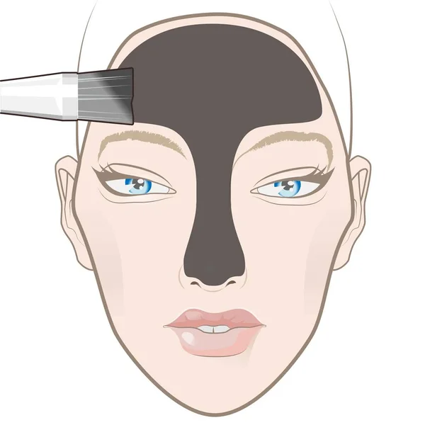 Frau Trägt Creme Maske Mit Kohlepartikeln Auf Zone Stirn Und — Stockvektor
