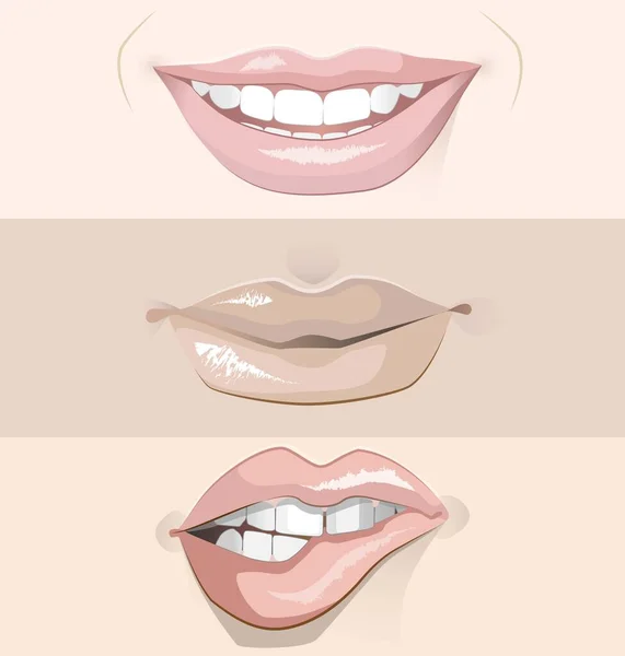 3つの異なる唇のセット 形状や色のバリエーション 異なる感情状態 — ストックベクタ
