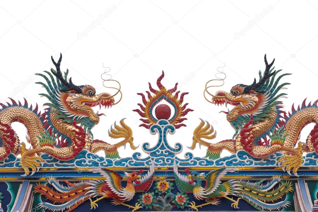 Glance of the Dragon on Thai temple roof isolate white backgroun