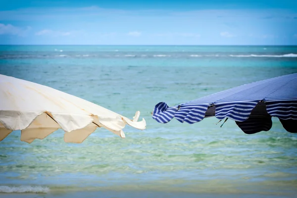 Blå strandparaply på en solrik dag, hav i bakgrunnen – stockfoto