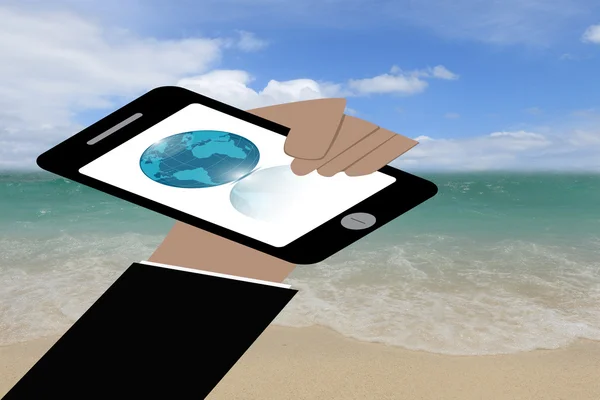 Main d'affaires tenant un téléphone portable intelligent avec icône globe, Save th — Photo