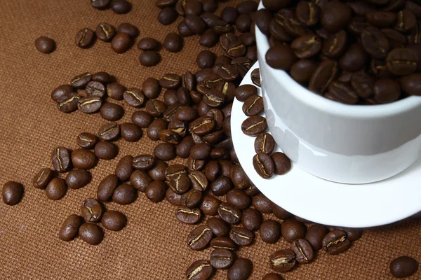 Grano de café en taza blanca sobre tabla de madera —  Fotos de Stock