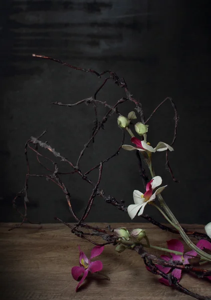 Натюрморт искусственный цветок и ветка на деревянной доске — стоковое фото