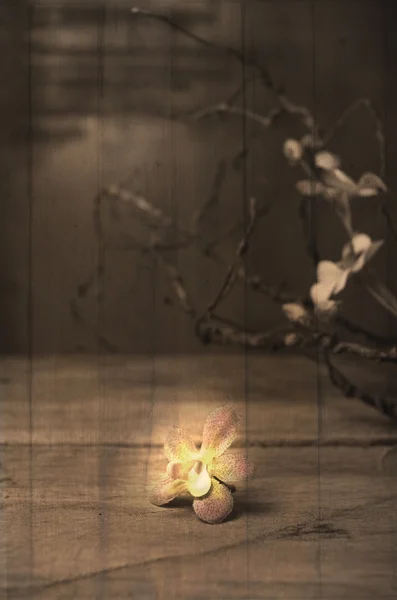 人工花の静物とレトロなスタイルの木製のボード上の枝 — ストック写真