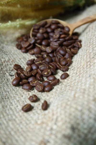 Grains de café en cuillère en bois sur sac — Photo