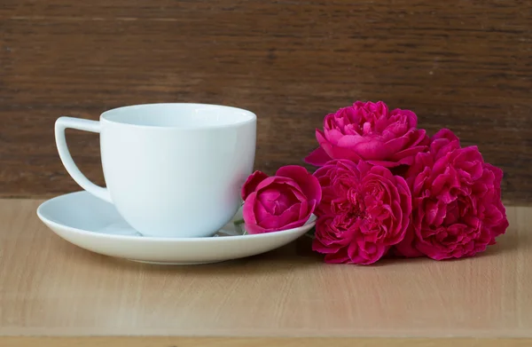 Rosa Ros med kaffekopp — Stockfoto