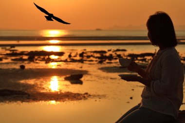 Silhouette woman holding coffee looking at seagull flys over seascape sunset clipart