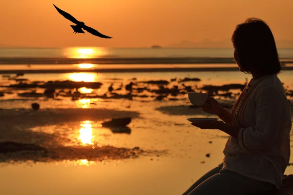 Mulher silhueta segurando café olhando para moscas de gaivota sobre o pôr do sol da paisagem marinha — Fotografia de Stock