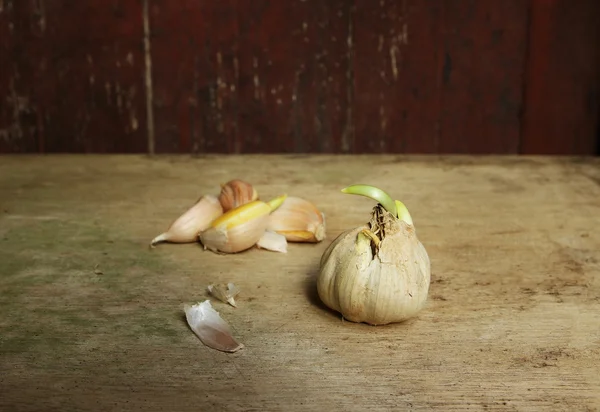 Gekiemd garlics en kruidnagelen op de grunge houten bord — Stockfoto