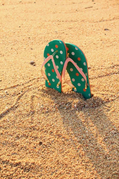 Colorful flip flops on sand — Stock Photo, Image